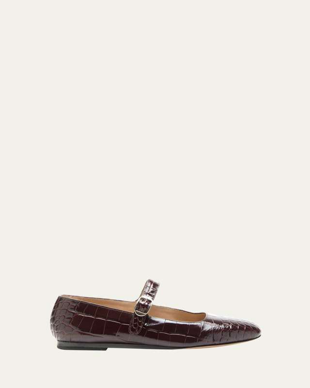 Croc-Effect Leather Mary Jane Ballerina Flats